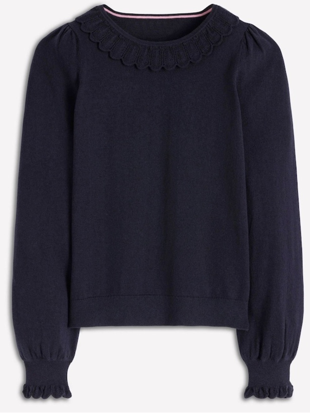 Boden Bernadette Ruffle Neck + cuffs Navy Crewneck Sweater Wool / cotton sz 14